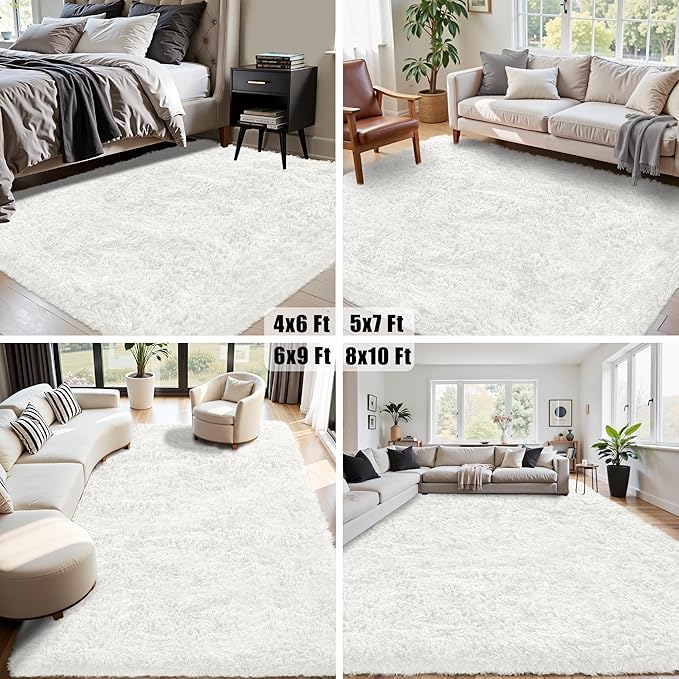 5x7 Area Rug for Living Room:Ultra Soft Fluffy Shag White Rugs,Large Fuzzy Plush Indoor Non Slip Carpet Washable Rug for Bedroom Kids Nursery Office Dorm Modern Decor(White 5'x7')