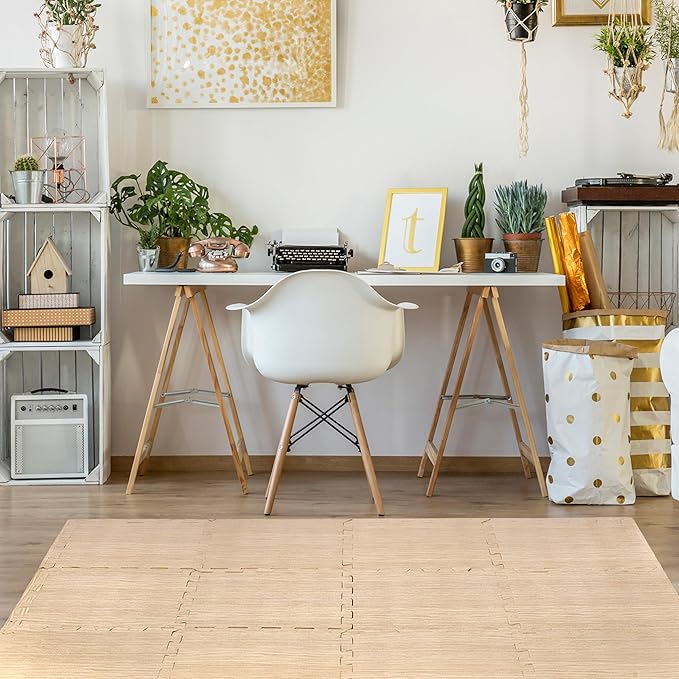 Sorbus Wood Grain Floor Mats Foam Interlocking Mats Each Tile 1 Square Foot 3/8-Inch Thick Flooring Wood Mat Tiles - Home Office Playroom Basement Trade Show (16 Tiles,16 Sq ft - Light Pine)
