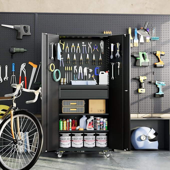 Reemoon Garage Storage Cabinet with Wheels and Doors,Lockable Metal Storage Cabinet with Drawer Pegboard and Hooks for Garage Warehouse Home,Required Assembly,Black,71" H×15" D×30" W
