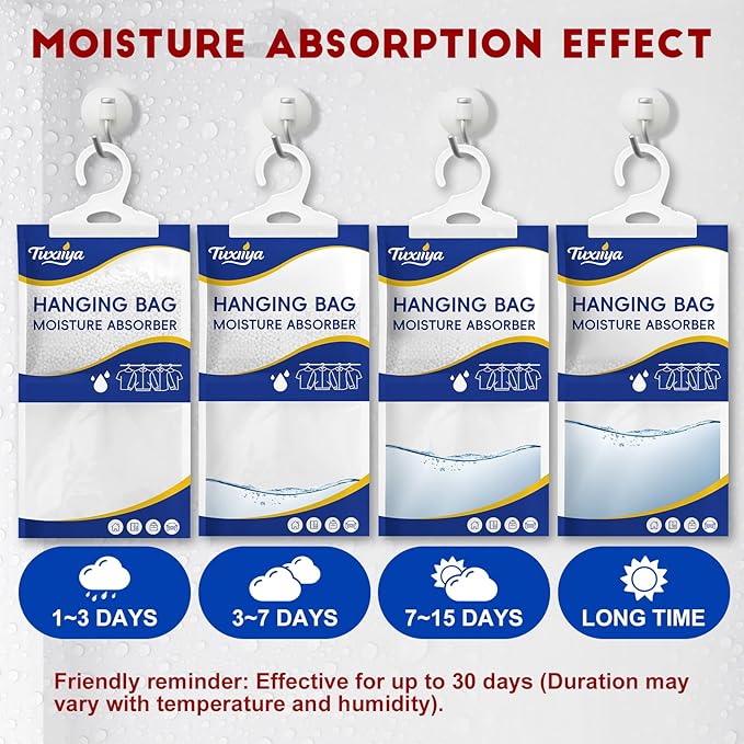 TUXIYA Moisture Absorbers 30 Pack,Hanging Closet Dehumidifier Bags,Moisture Absorbing Bags, Desiccant,Moisture Absorbing Bags for Closet,Wardrobes,Bedrooms, Bathrooms