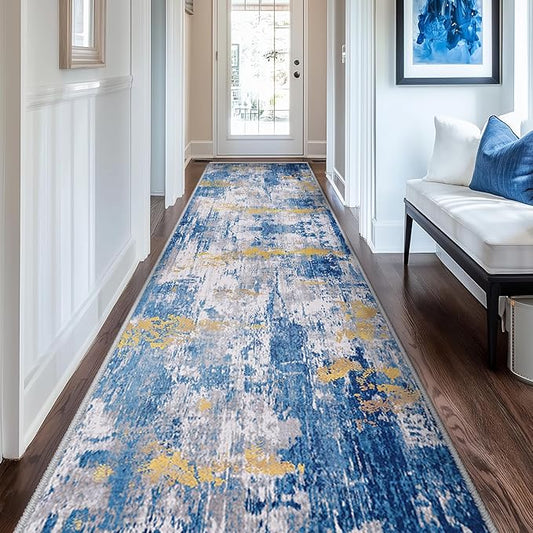RELEANY Washable Area Rugs 2'x10' Non-Slip Modern Abstract Soft for Living Room Entryway Bedroom Nursery, Print Pattern, Grey Blue Gold/Golden