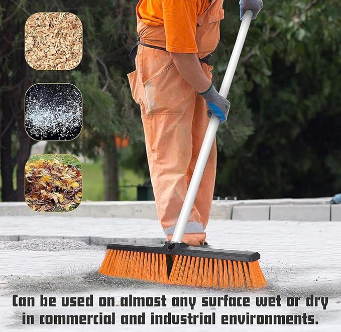 18" Push Broom Outdoor Heavy Duty, Snow Broom with Long Handle, Shop Broom Garage Push Broom for Garden, Patio, Garage, Bathroom, Kitchen, Tub, Carpet, Tile, Deck, Concrete, Industrial (Orange White)