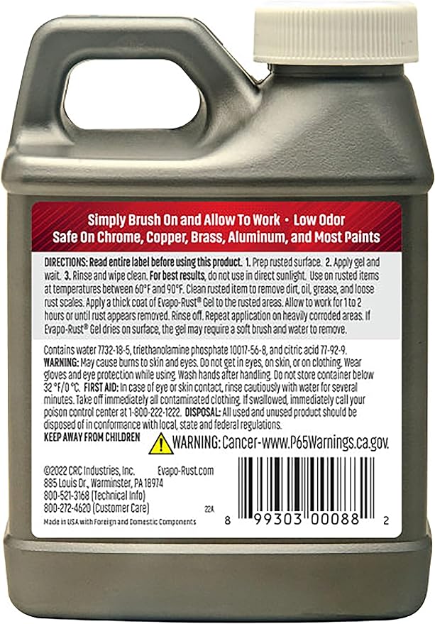 CRC Evapo-Rust Gel Rust Remover, 8 Fl Oz, Rust Remover for Vertical Surfaces, Eliminates Oxides from Aluminum, Cast Iron, and Steel