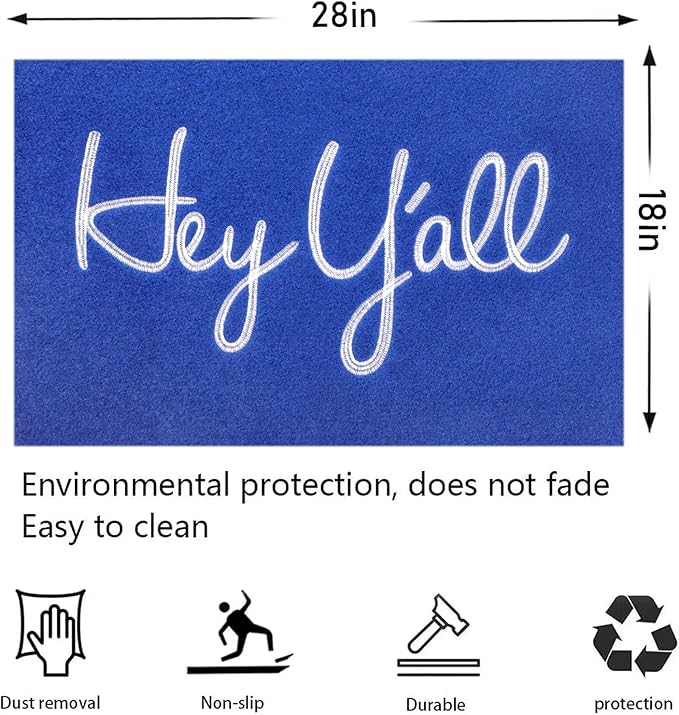 Mat Low Profile Floor Mat Front Doormat, Blue Hey Y'all Indoor Outdoor Heavy Duty Backing Door Mats Non Slip Absorbent Resist Dirt Entrance Doormats for Home Decor Entryway Patio 28" x 18"