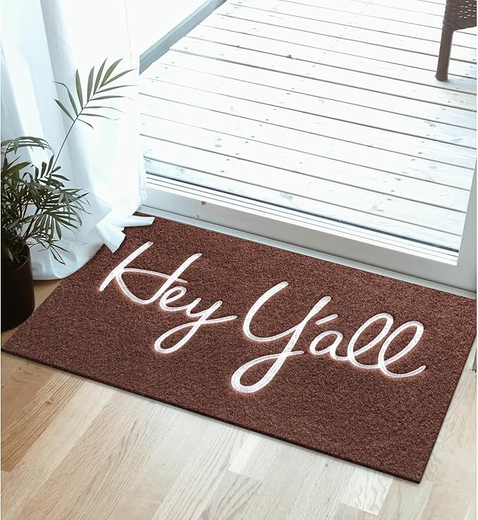 Outdoor Welcome Mat Entryway Hey Y'all Mats for Front Door Mats, with Rubber Backing Doormat Indoor Mat Polystyrene Non Slip Natural Mat Coffee 28" x 18"