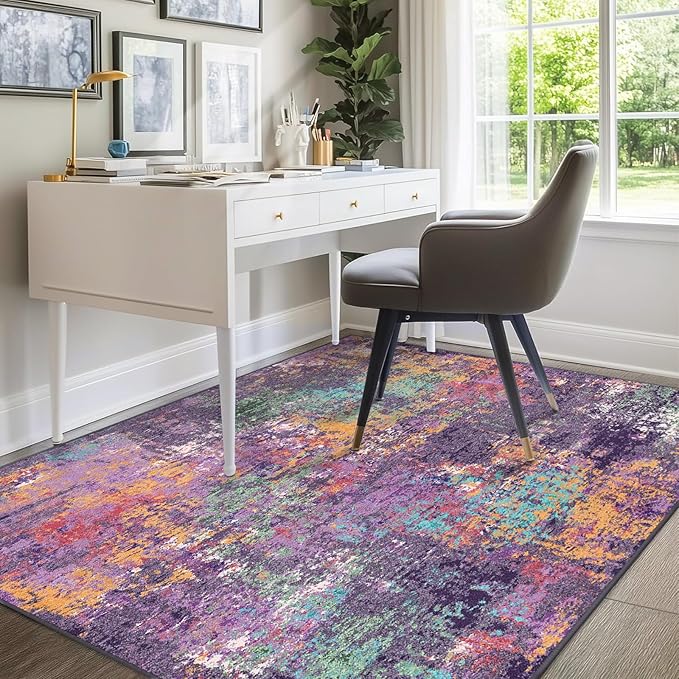 RELEANY Washable Area Rugs 5'x7' Non-Slip Modern Abstract Soft for Living Room Entryway Bedroom Nursery, Print Pattern, Purple Orange Blue Green Rust Red Colorful