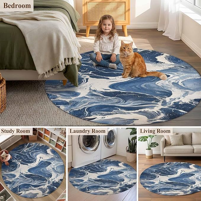 Impressionist Style Large Round Rug 7Ft, White Blue Blurred Wash Circle Area Rugs Washable Non Slip Indoor Floor Mats Carpet for Living Room Bedroom Dining Room Home Decor