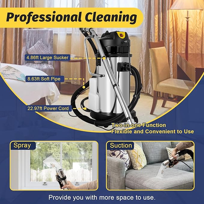 40L/11Gal Commercial Cleaning Machine, Portable 2 in 1 Multi-Purpose Wet Dry Vacuum Cleaner Extractor 110V 1034W Vacuum Extractor Dust Cleaner with Universal Wheels (40L)