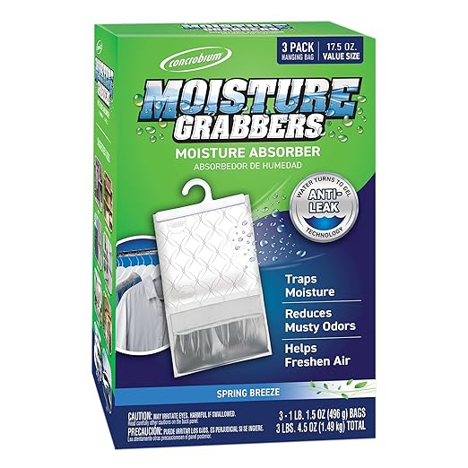 Concrobium Moisture Grabbers, 3-Pack 17.5 oz Bags (Spring Breeze) — Powerful Moisture Absorber with Anti-Leak Gel, Covers Up to 350 cu ft, Eliminates Musty Odors & Adds a Light Fresh Scent