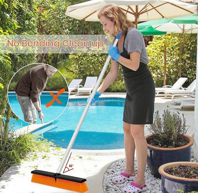 18" Push Broom Outdoor Heavy Duty, Snow Broom with Long Handle, Shop Broom Garage Push Broom for Garden, Patio, Garage, Bathroom, Kitchen, Tub, Carpet, Tile, Deck, Concrete, Industrial (Orange White)