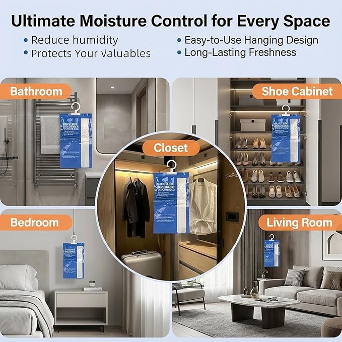 RAINFLOW Dehumidifier Bags Hanging Moisture Absorbers - 4 Packs Dehumidifiers for Home Closet Bathroom Basement, Hanging Bag Desiccant Packs for Bedroom RV Camper, Odor Absorber Household Essentials