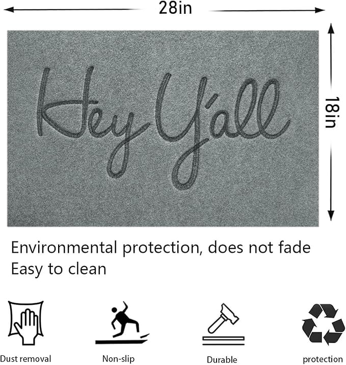 Mats Outdoor Front Door Mat Indoor Entrance with Non Slip Rubber Back Funny Durable Heavy Duty Backing Hey Y'all Doormats Entryway Decor for Home Decor Farmhouse, Light Gray 28" x 18"