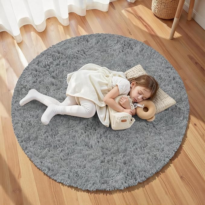 Light Gray ack Round Fluffy Rug 5ft Plush Fuzzy Shaggy Carpet,Soft Rugs for Living Room for Nursery,Preppy Dorm,Classroom,Playroom,Teen,Baby Home Decor (Light Gray 5"x5")