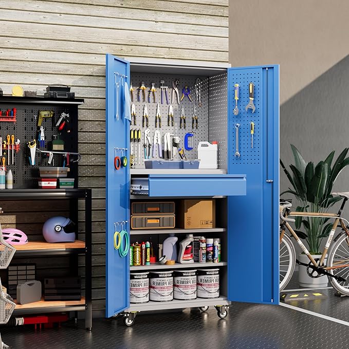 Reemoon 71" H Metal Garage Storage Cabinet with Wheels and Doors,Rolling Tool Cabinet with Pegboard,Rod and Drawer for Garage Warehouse Home,Required Assembly,Grey and Blue