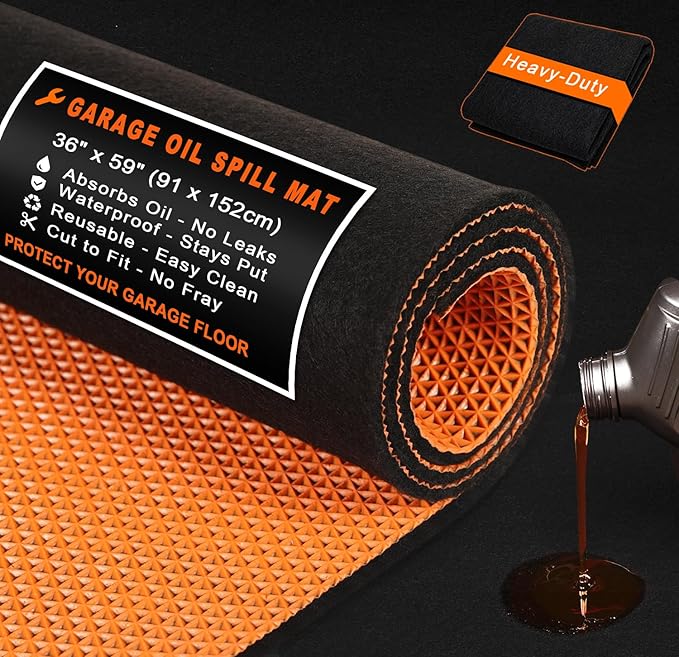 Golener Oil Spill Mat - Garage Floor Mat, Absorbent Oil Pad, Premium Maintenance Mat, Waterproof, Contain Liquid, Protect Floor from Spill & Stain, Reusable, Washable, Durable, 36”x59”, Black/Orange
