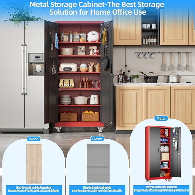Reemoon 71" H Metal Garage Storage Cabinet with 5 Adjustable Shelves and Pegboard,Steel Storage Cabinet with Wheels for Garage Home Office Utility Room,Required Assembly, Red and Black
