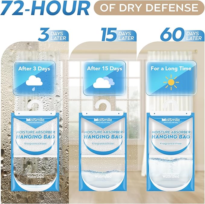 Hanging Moisture Absorbers 3 Pack Net Wt. 17.5oz/Pack, Fragrance Free Closet Dehumidifier Bags, Odor Eliminator & Humidity Absorber, Humidity Packs for Bathroom, Bedroom, Basement, Car, RV & Boat