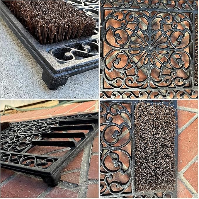Heavy Duty Cast Iron Door Mat with Shoe Scraper Brush, 22.8"×14.5", Floral Pattern Non-Slip Entryway Rug for Outdoor Shoe Cleaning