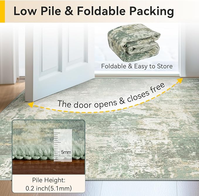 RELEANY Washable Area Rugs 7'x9' Non-Slip Modern Abstract Soft for Living Room Entryway Bedroom Nursery, Print Pattern, Light Green/Yellow