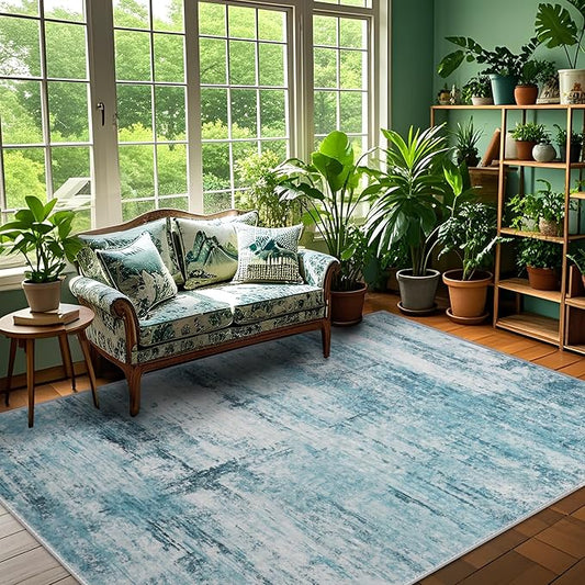 3x5 Abstract Rug for Entryway, Modern Teal Grey Washable Indoor Entry Way Area Rugs, Thin Soft Non-Slip Carpet Door Mat for Dining Room Kitchen Bedroom - Teal+Gray