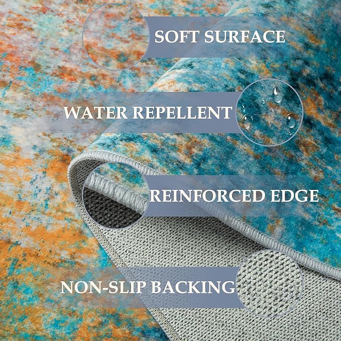 RELEANY Washable Area Rugs 6ft Non-Slip Modern Abstract Soft for Living Room Entryway Bedroom Nursery, Print Pattern, Teal Blue Green Orange Rust Red Coloreful