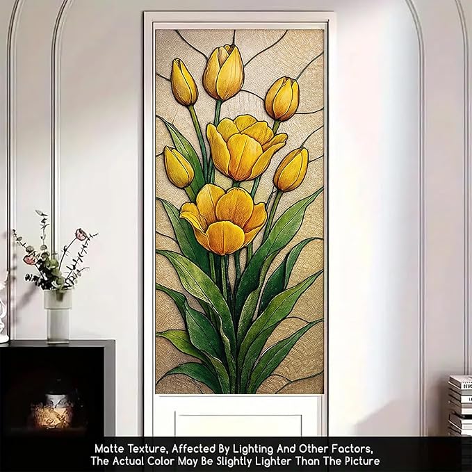 Yellow Tulip Privacy Film Stained Glass Style Static Cling No Glue Decorative Panel Light Filtering Cover for Door Kitchen Entryway 17.7x39.3 inch