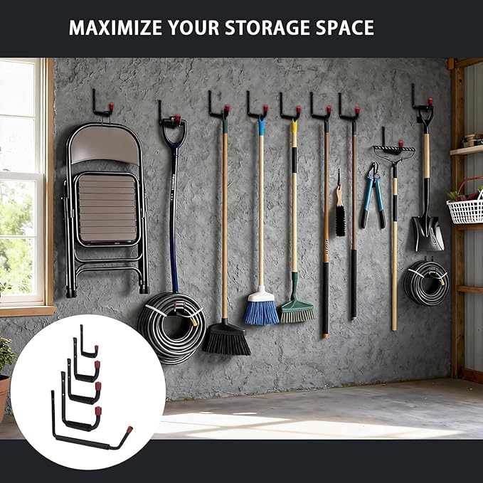 CBWLWJ 6 Pack Garage Hooks Heavy Duty, Multi Functional J Hooks, Anti Slip Ladder Hooks for Bikes, Chairs, Garden Tools and More. (9.48inch)
