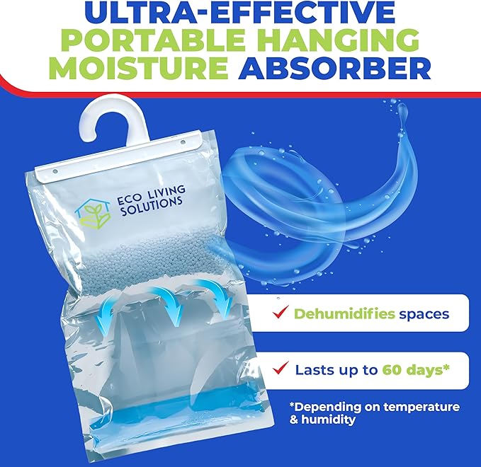 Eco Living Solutions Moisture Absorber Packets, Fragrance Free, Humidity Absorber, Hanging Closet Dehumidifier Bags, Eliminates Odors for Fresher Air, Ideal for Closet