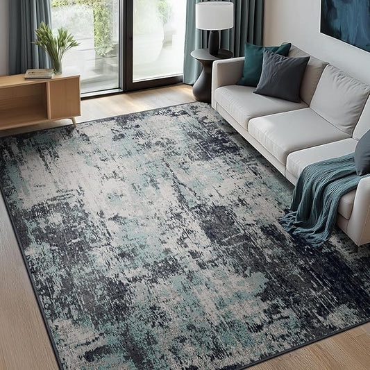 RELEANY Washable Area Rugs 6'x9' Non-Slip Modern Abstract Soft for Living Room Entryway Bedroom Nursery, Print Pattern, Blue Black Teal