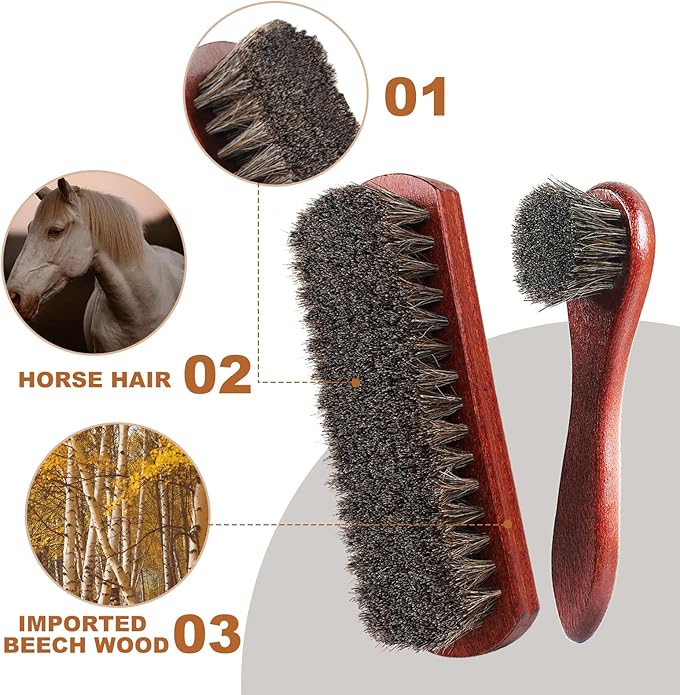 Rolett 4-Piece Horsehair Shoe Brush Shine Kit - Horse Hair Brush for Leather, Premium Shoe Polish brush, Leather Shoe Boot Brushes for Cleaning and Polishing