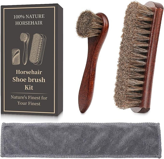 3PCS 100% Horse Hair Shoe Brush Set for Leather Boots Horsehair Brush for Polishing Cleaning Buffing Professional Shoe Shine Kit for Men Suede Boot Care Conditioner Accessories Tool