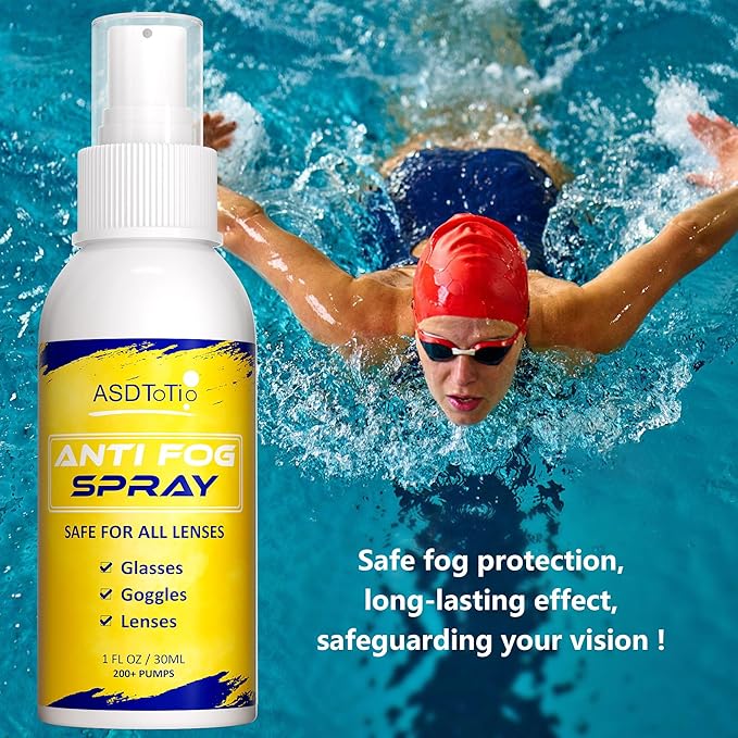 ASDToTio Anti-Fog Spray for Swim Goggles, Eye Glasses, Dive Mask, Rearview Mirror, and Safety Eyewear, Lens Cleaner Spray- Safe for All Lens Types, 1 Oz