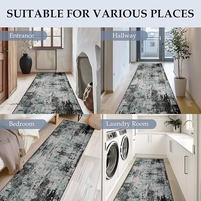 RELEANY Washable Area Rugs 2'x6' Non-Slip Modern Abstract Soft for Living Room Entryway Bedroom Nursery, Print Pattern, Blue Black Teal