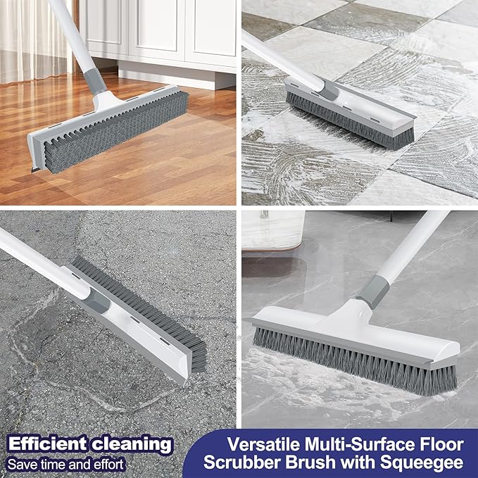 Yolaist Floor Scrub Brush with 60 inch Long Handle, 2 in 1 Heavy Duty Stiff Bristle Floor Scrubber Brush and Scraper for Cleaning Shower, Tile, Bathroom, Kitchen, Deck, Garage, Patio