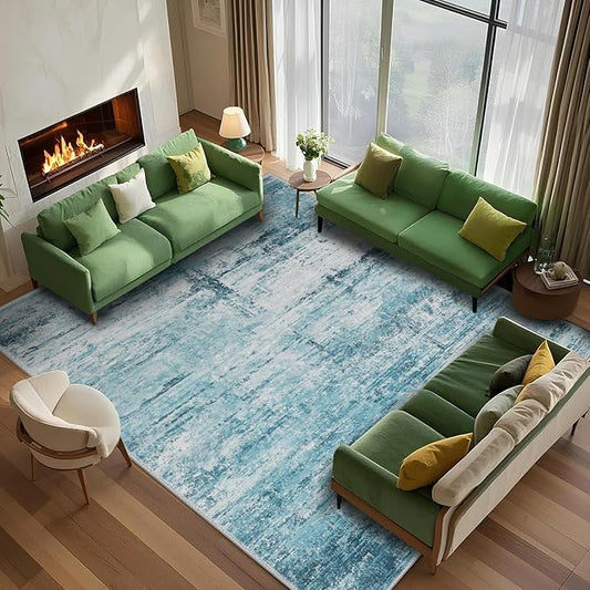 9x12 Abstract Area Rugs for Living Room, Modern Teal Grey Washable Indoor Rug for Bedroom, Thin Soft Large Non-Slip Carpet for Dining Room Home Office Farmhouse Decor - Teal+Gray