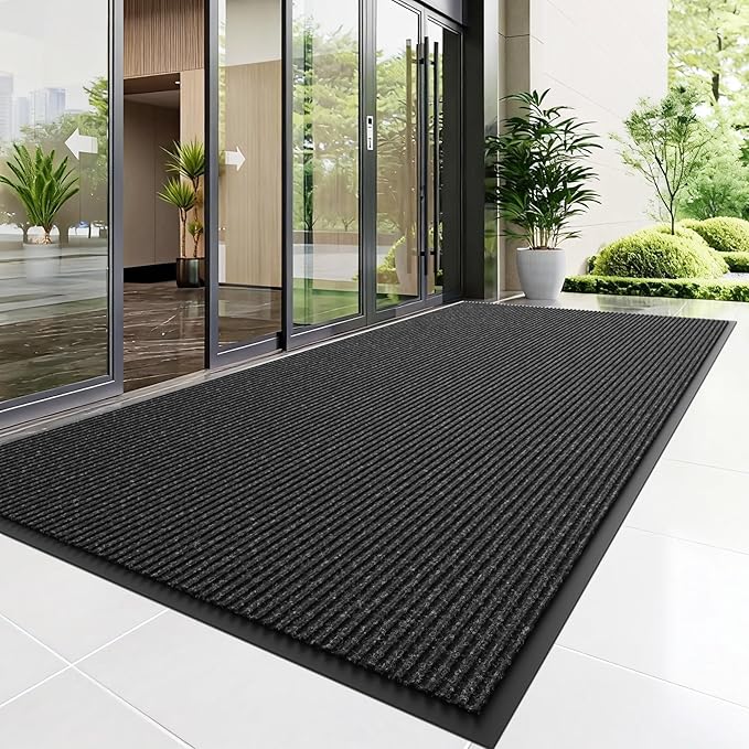 Front Door Mat, 10' x 3' Heavy Duty Indoor Outdoor Door Mat Entrance, Commercial Welcome Mats, Stain and Fade Resistant, Durable Rubber Backing, Low Profile Entry Mat for Patio, Black Stripe