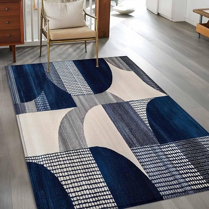 Modernism 4'x6' Area Rugs, Blue White Geometric Abstract Design Washable Area Rugs Non-Slip Indoor Floor Mats Carpet for Living Room Bedroom Dining Room