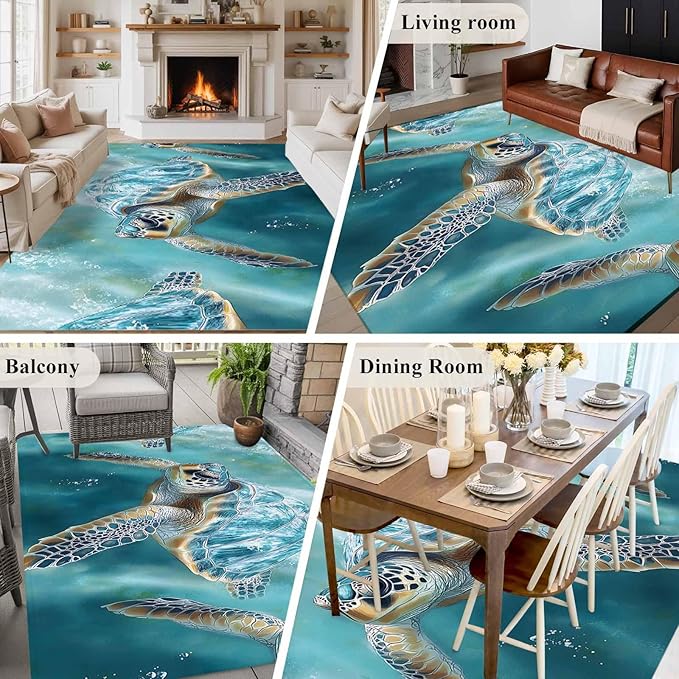 Marine Animal 6'x9' Large Area Rugs, Ocean Turtle Modern Art Abstract Style Washable Area Rugs Non-Slip Indoor Floor Mats Large Carpet for Living Room Bedroom Dining Room