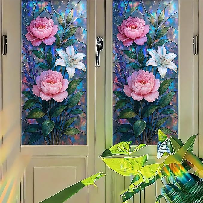 Peony Lily Window Film Dreamy Stained Glass Style Privacy Panel Static Cling No Glue Decorative Cover for Bedroom Door Studio Vanity 17.7x39.3 inch