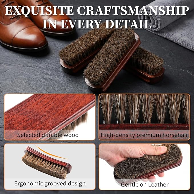 3pcs 7in 100% Horse Hair Shoe Brush for Leather Horsehair Brushes Boots Cleaning Polishing Buffing Shine Professional Cobbler Furniture Sneakers Care Set Suede Jackets Bags Seats Dusting Brushing Tool