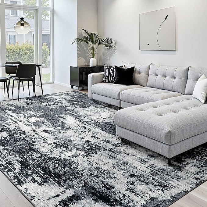RELEANY Washable Area Rugs 4'x5' Non-Slip Modern Abstract Soft for Living Room Entryway Bedroom Nursery, Print Pattern, Black Navy Blue Gray