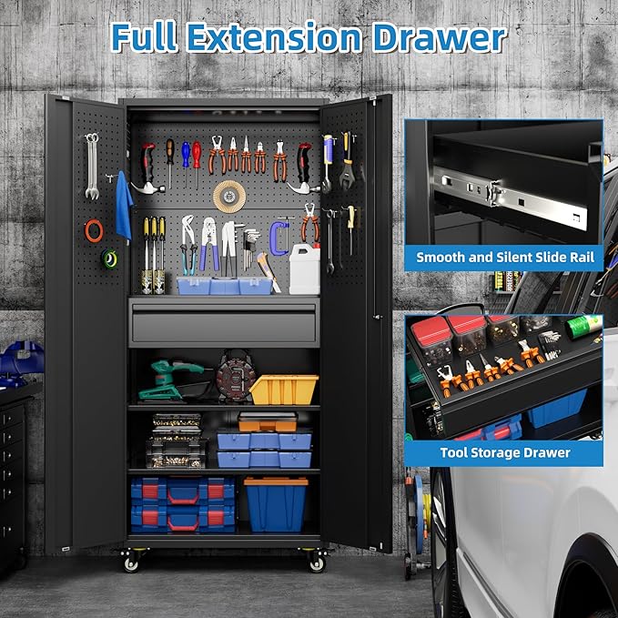 Reemoon Garage Storage Cabinet with Wheels and Doors,Lockable Metal Storage Cabinet with Drawer Pegboard and Hooks for Garage Warehouse Home,Required Assembly,Black,71" H×15" D×30" W