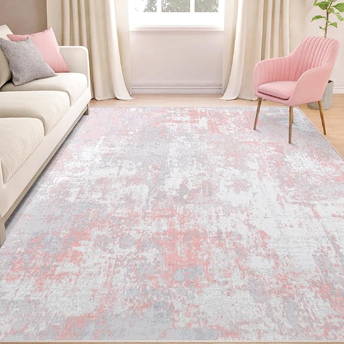 RELEANY Washable Area Rugs Square 7ft Non-Slip Modern Abstract Soft for Living Room Entryway Bedroom Nursery, Print Pattern, Grey Pink