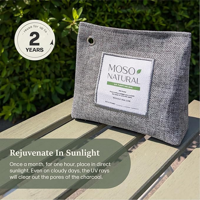 Moso Natural Air Purifying Bag 600g (21oz) Premium Bamboo Charcoal Odor Absorber | Room Deodorizer for Large Spaces, Bedroom, Kitchen, Basement | Pet Odor Eliminator for Home | Unscented (5 Pack)