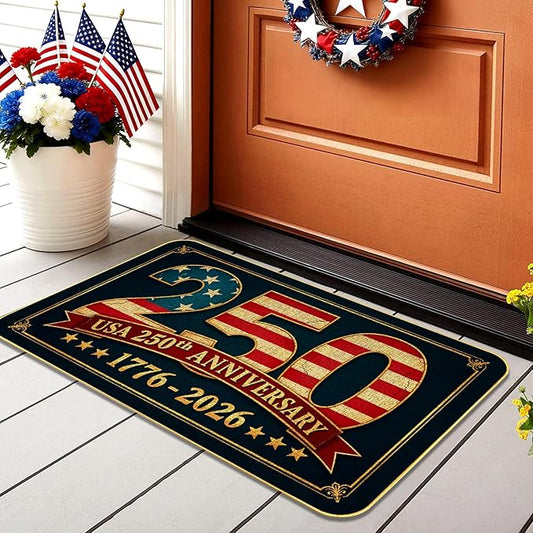 250th Door Mat, Patriotic Vintage USA Anniversary Outdoor Indoor Patio Entrance Door Mats Low Profile Non Slip Outside Inside Floor Mat Rugs for Home Decor, 29x17Inch
