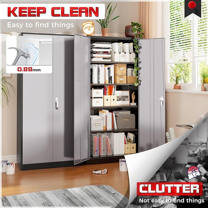 Bonusall 72" Metal Garage Storage Cabinet， Heavy-Duty Steel Cabinet with 2 Locking Doors & 4 Adjustable Shelves for Home, Office