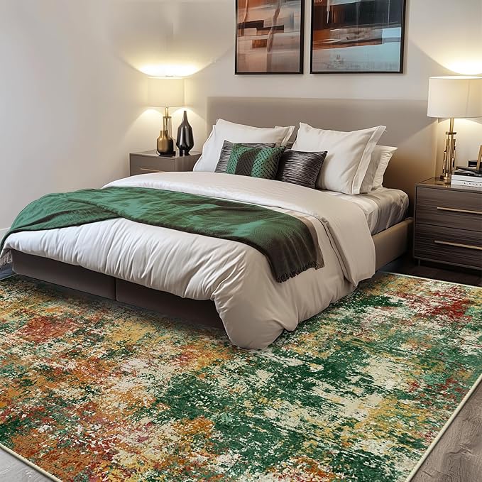 RELEANY Washable Area Rugs 8'x10' Non-Slip Modern Abstract Soft for Living Room Entryway Bedroom Nursery, Print Pattern, Green Orange Rust Red Cream Colorful