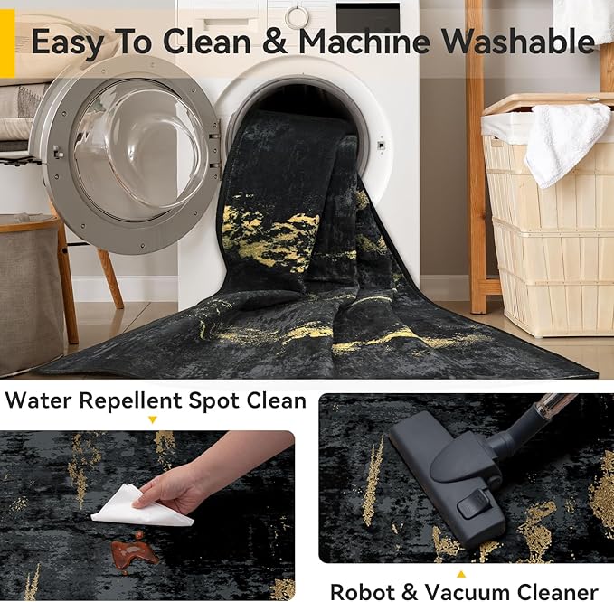 RELEANY Washable Area Rugs 3x7 Non-Slip Modern Abstract Soft for Living Room Entryway Bedroom Nursery, Print Pattern, Dark Black Gold