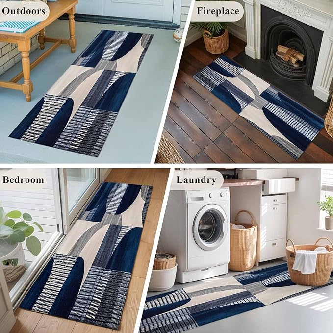Modernism Runner Rug 2'x6', Blue White Geometric Abstract Design Hallway Runner Rugs Washable Non-Slip Bedside Floor Mats Carpet for Kitchen Bedroom Laundry Room Bathroom