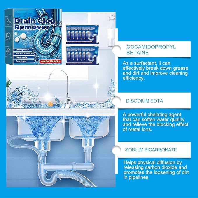 Strong Drain Effervescent Tablet for Kitchen & Bathroom Pipes - Quick-Dissolving Drain Clog Remover, Sink and Drains Cleaner, Deodorizer Remove Odor, For Kitchen, Bathroom Care (12PCS)